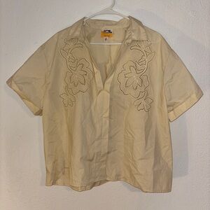 Future Collective Eyelet Shirt Tan Floral 100% Cotton L Collared Top
